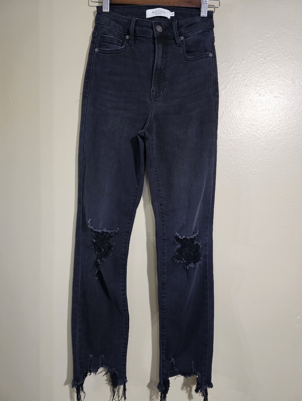 Hidden Los Angeles High Rise Skinny Jeans Distressed Raw Hem Dark Wash 24